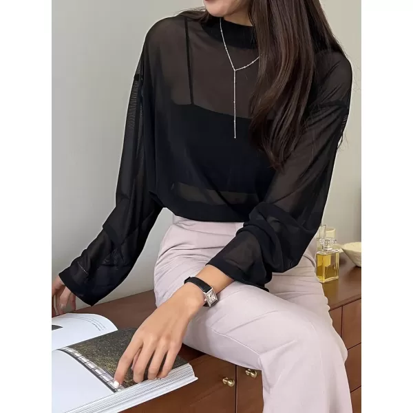 Floerns Women's Sheer Solid Mock Neck Long Sleeve Blouse Top Without Tank Top