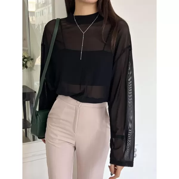 Floerns Women's Sheer Solid Mock Neck Long Sleeve Blouse Top Without Tank Top