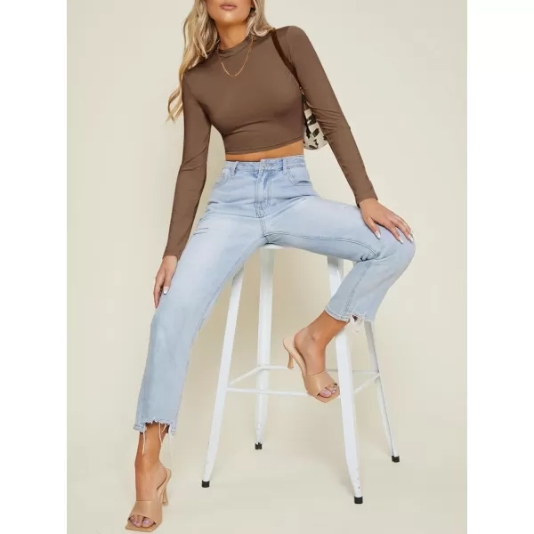 Floerns Women's Solid Long Sleeve Rib Knit Mock Neck Crop Top Tee Shirt