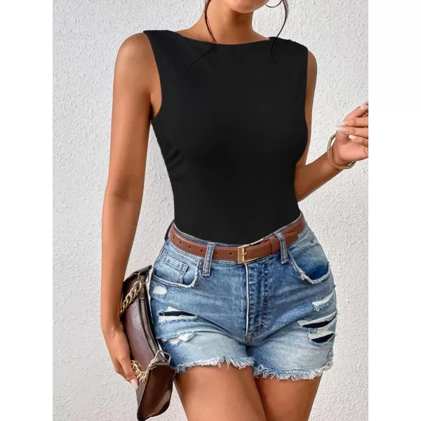 Floerns Women's Solid Sleeveless Camisole Round Neck Ribbed Knit Tank Top