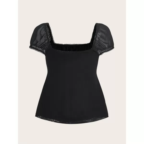 Floerns Women's Square Neck Ruched Bust Knot Front Puff Sleeve Peplum Blouse Top