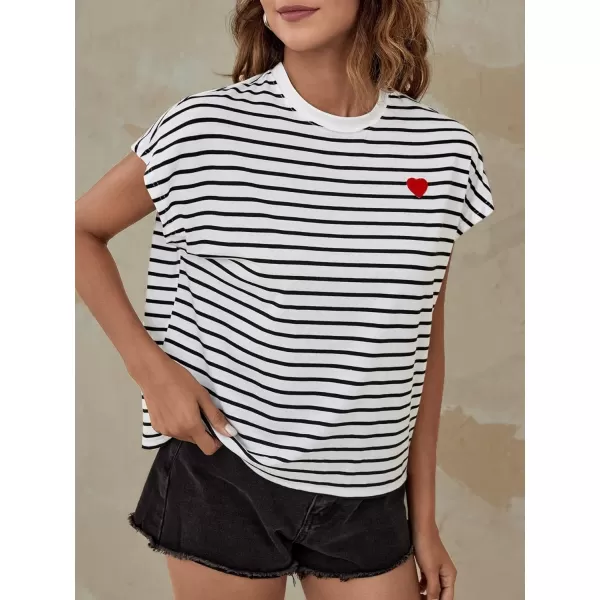 Floerns Women's Striped Print Batwing Cap Sleeve Round Neck Casual Tee Shirt