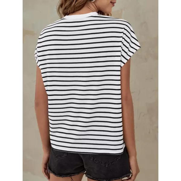 Floerns Women's Striped Print Batwing Cap Sleeve Round Neck Casual Tee Shirt
