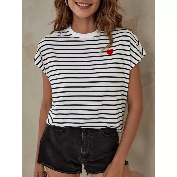 Floerns Women's Striped Print Batwing Cap Sleeve Round Neck Casual Tee Shirt