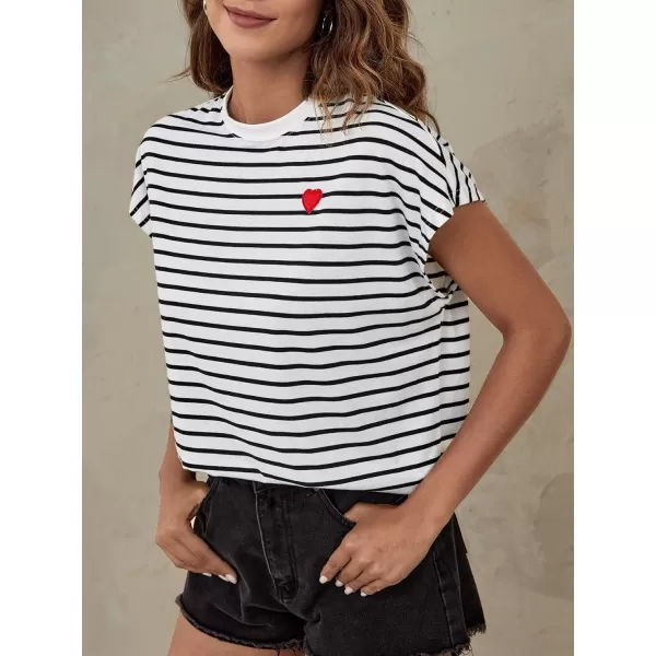 Floerns Women's Striped Print Batwing Cap Sleeve Round Neck Casual Tee Shirt