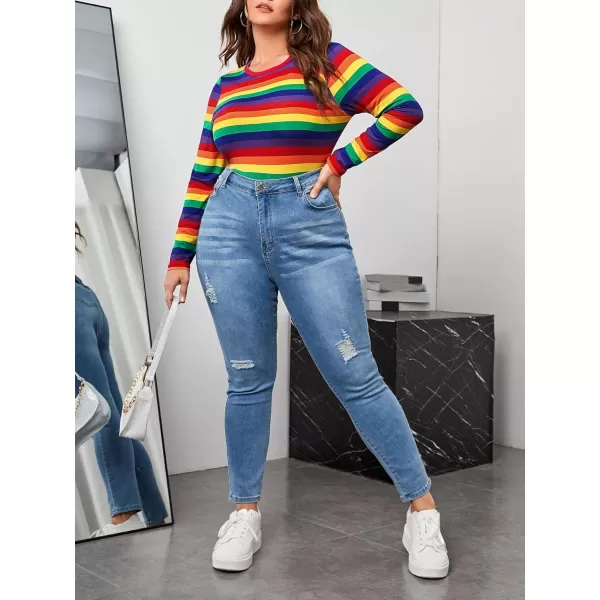 Floerns Women's Striped Print Long Sleeve Round Neck Casual Tee Shirt