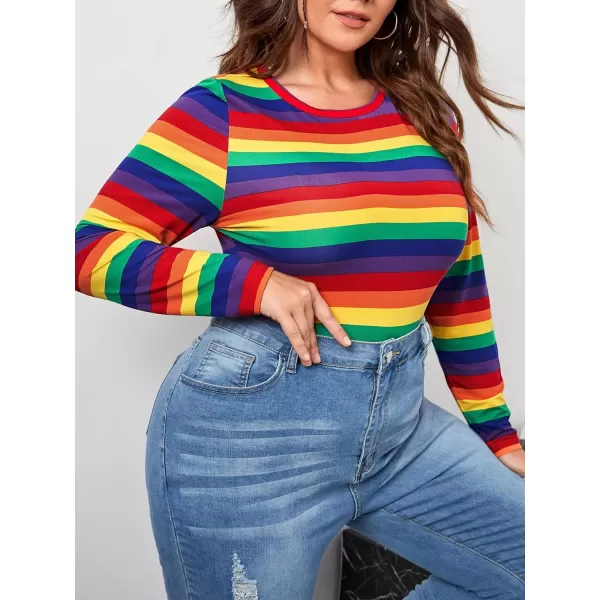 Floerns Women's Striped Print Long Sleeve Round Neck Casual Tee Shirt
