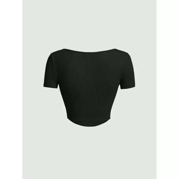 Floerns Women's Sweetheart Neck Rib Knit Short Sleeve Tie Front Crop Tops Tee