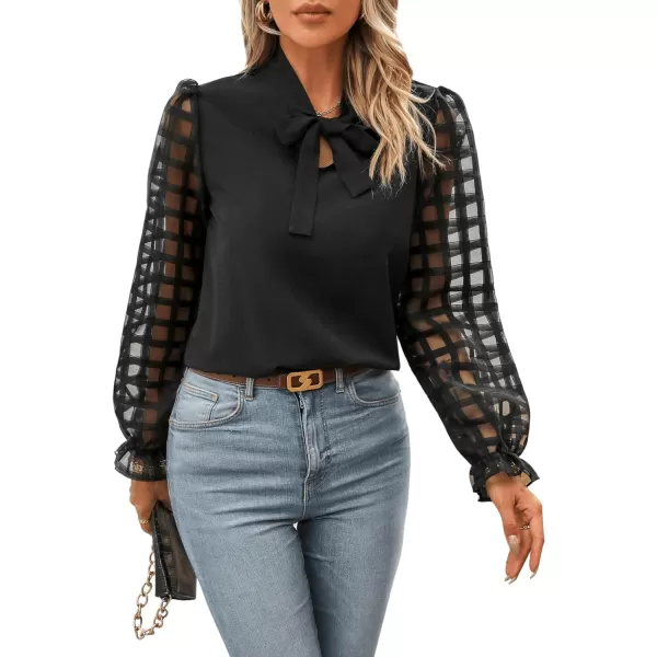 Floerns Women's Tie Neck Mesh Insert Blouse V Neck Flounce Long Sleeve Shirt Top