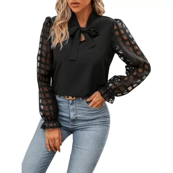 Floerns Women's Tie Neck Mesh Insert Blouse V Neck Flounce Long Sleeve Shirt Top