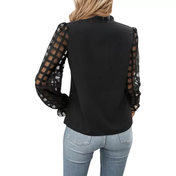 Floerns Women's Tie Neck Mesh Insert Blouse V Neck Flounce Long Sleeve Shirt Top