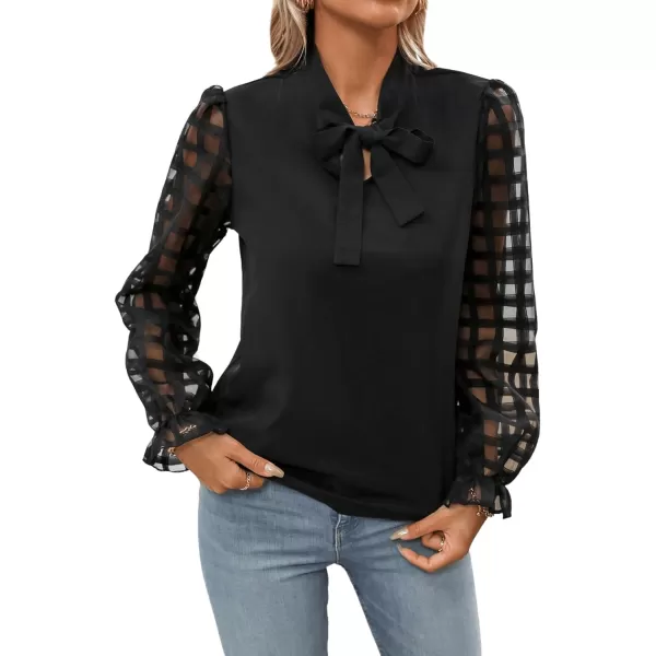 Floerns Women's Tie Neck Mesh Insert Blouse V Neck Flounce Long Sleeve Shirt Top