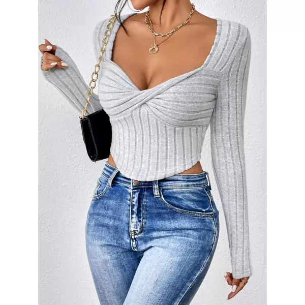 Floerns Women's Twist Front Sweetheart Neck Long Sleeve Rib Knit High Stretch Asymmetrical Hem Tee Shirt Top