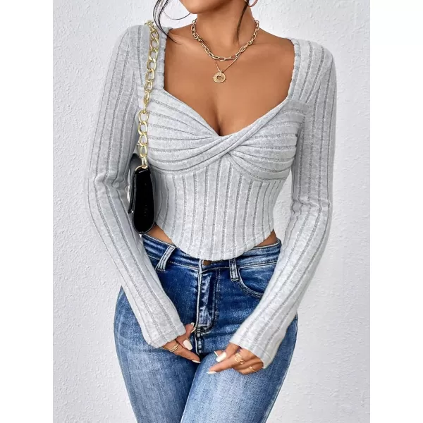 Floerns Women's Twist Front Sweetheart Neck Long Sleeve Rib Knit High Stretch Asymmetrical Hem Tee Shirt Top