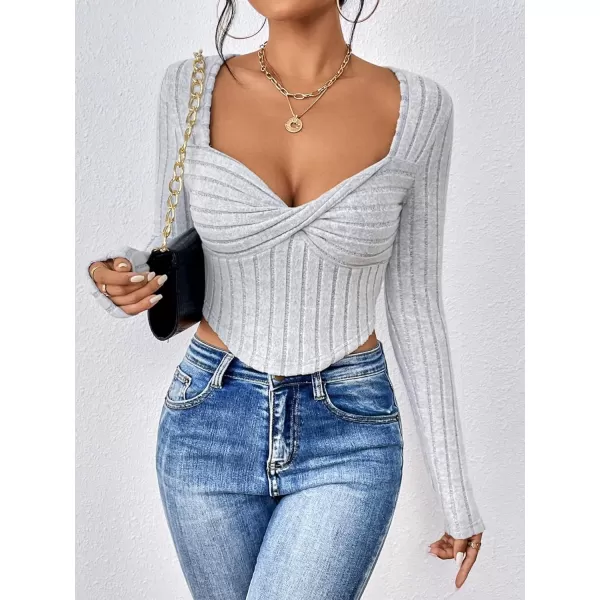 Floerns Women's Twist Front Sweetheart Neck Long Sleeve Rib Knit High Stretch Asymmetrical Hem Tee Shirt Top