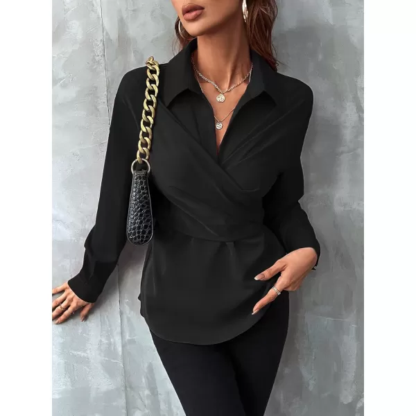 Floerns Women's Wrap Front Long Sleeve Peplum Blouse Tie Back Elegant Shirt Top