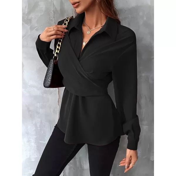 Floerns Women's Wrap Front Long Sleeve Peplum Blouse Tie Back Elegant Shirt Top
