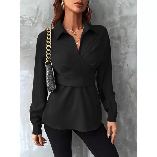 Floerns Women's Wrap Front Long Sleeve Peplum Blouse Tie Back Elegant Shirt Top
