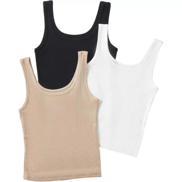 Floerns Women's 3 Pcs Ribbed Knit Casual Solid Stretchy Scoop Neck Basic Tank Top