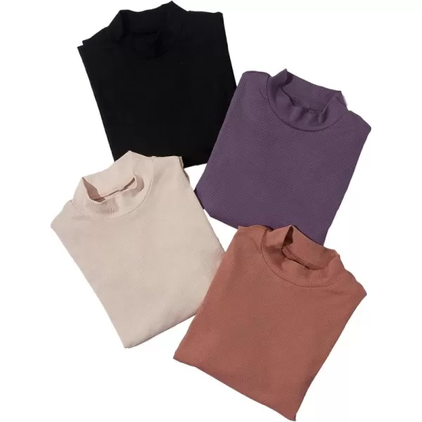 Floerns Women's 4 Pcs Long Sleeve Solid Mock Neck Ribbed Knit Tee Shirt
