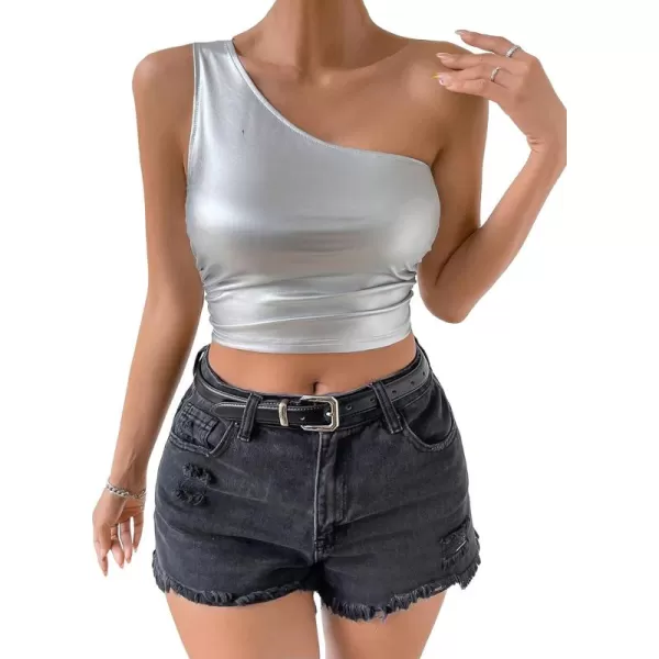 Floerns Women's Asymmetrical Neck Sleeveless Ruched Side Pu Leather Crop Top