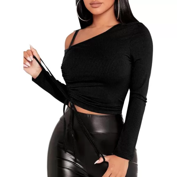 Floerns Women's Asymmetrical One Shlouder Long Sleeve Tops Ruched Drawstring Tee Shirts