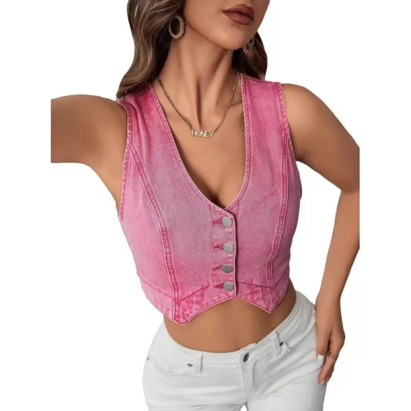 Floerns Women's Button Front Sleeveless V Neck Jeans Denim Vest Crop Top