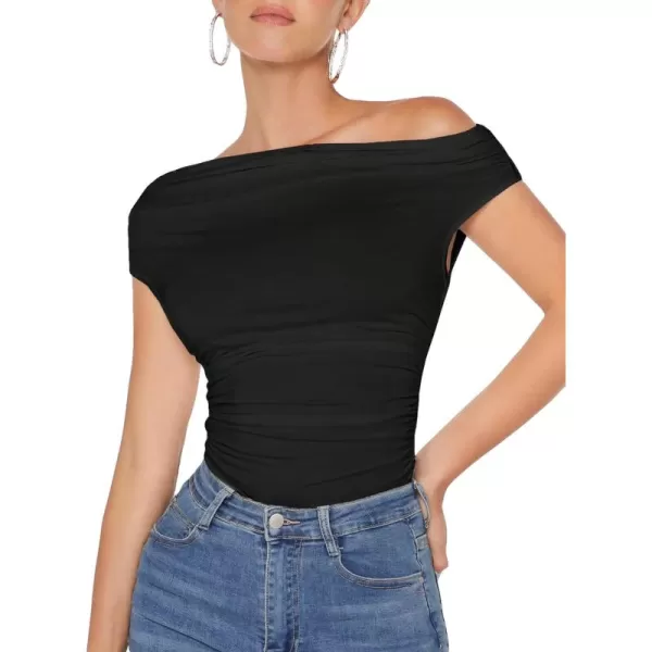 Floerns Women's Casual Asymmetrical Neck Short Sleeve Ruched Mesh Tee Shirt