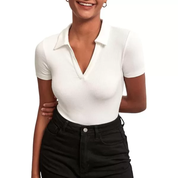 Floerns Women's Casual Lapel Collar Slim Fit Short Sleeve Rib Knit Tee Shirt