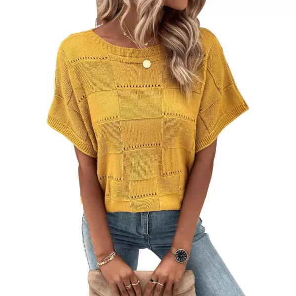 Floerns Women's Casual Short Sleeve Round Neck Plaid Pointelle Knit Blouse Top