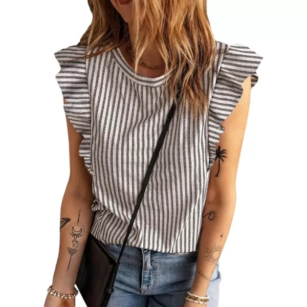 Floerns Women's Casual Striped Print Round Neck Ruffle Cap Sleeve Summer Blouses