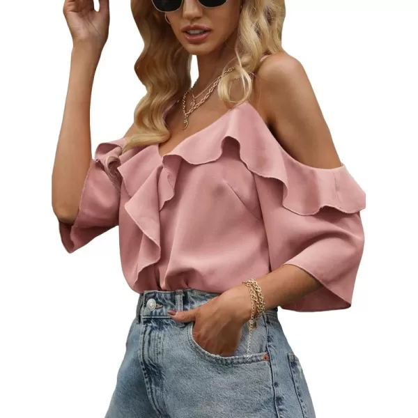 Floerns Women's Cold Shoulder Ruffle Trim Short Sleeve Elegant Blouse Top