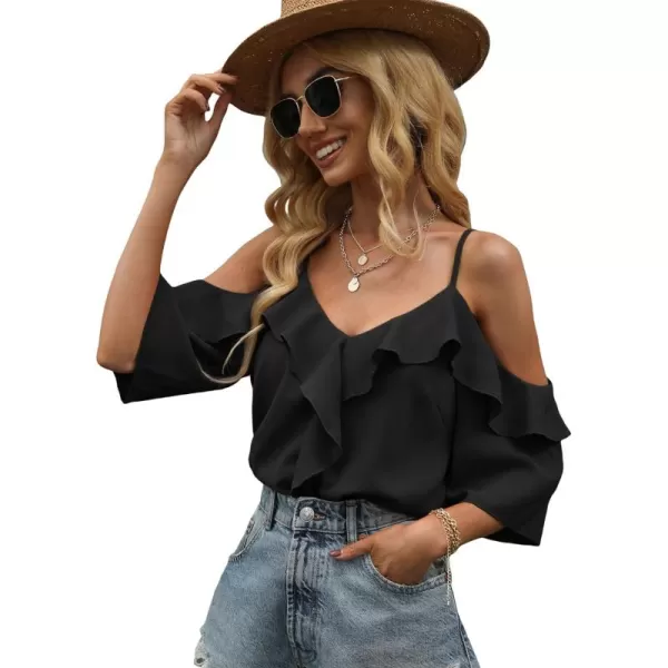 Floerns Women's Cold Shoulder Ruffle Trim Short Sleeve Elegant Blouse Top