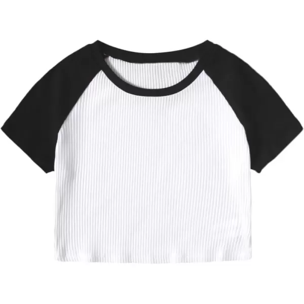Floerns Women's Colorblock Rib Knit Short Sleeve Round Neck Crop Top Tee Shirts