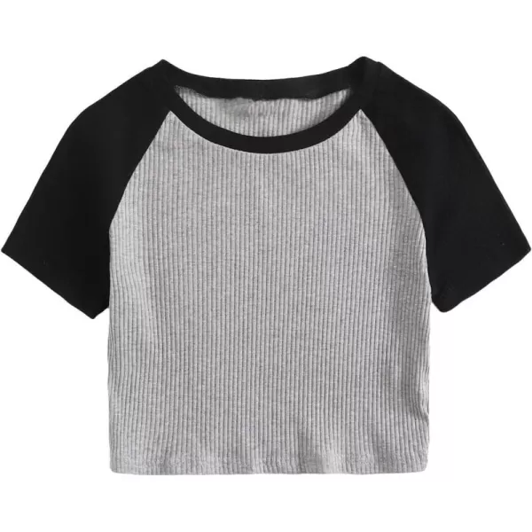 Floerns Women's Colorblock Rib Knit Short Sleeve Round Neck Crop Top Tee Shirts
