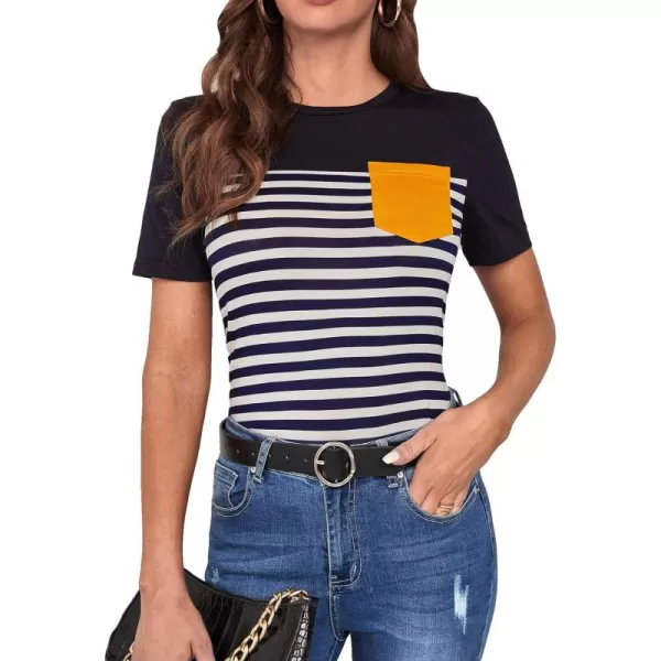 Floerns Women's Colorblock Short Sleeve Pocket Patched Crewneck Tee Shirt