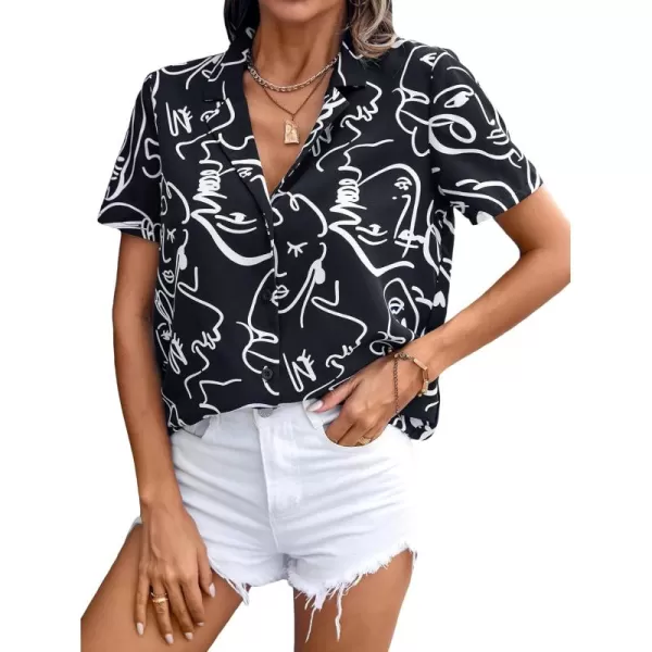 Floerns Women's Contrast Short Sleeve Button Down Collar Shirt Blouse Tops