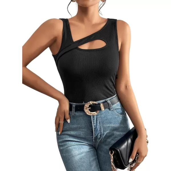 Floerns Women's Cut Out Front Asymmetrical Neck Rib Knit Sleeveless Tank Top