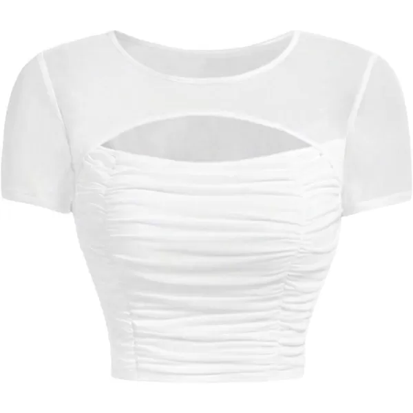 Floerns Women's Cut Out Front Short Sleeve Solid Ruched Crewneck Crop Tee Shirt