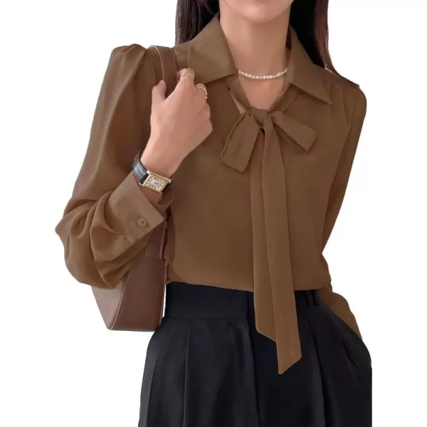 Floerns Women's Elegant Puff Long Sleeve Tie Front Office Work Blouse Top