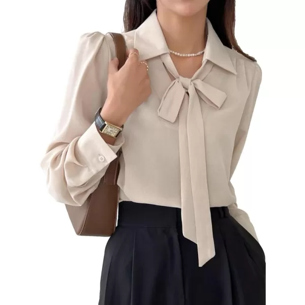 Floerns Women's Elegant Puff Long Sleeve Tie Front Office Work Blouse Top