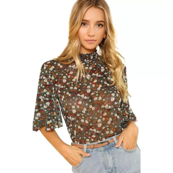 Floerns Women's Floral Print High Neck Ruffle Short Sleeve Chiffon Blouse
