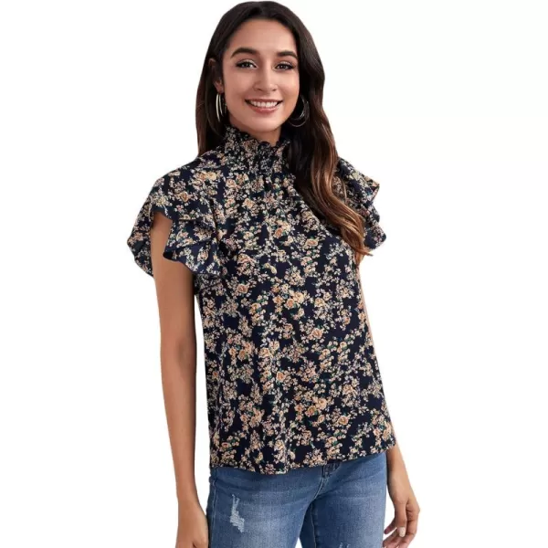 Floerns Women's Floral Print High Neck Ruffle Short Sleeve Chiffon Blouse