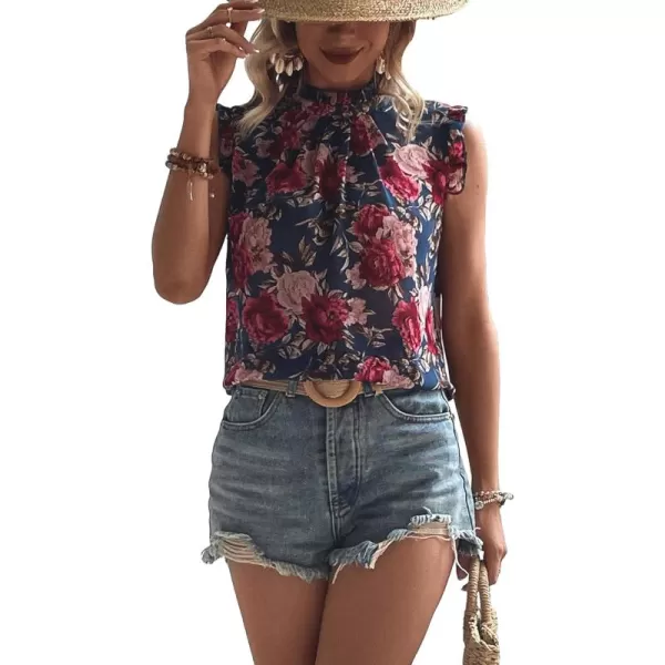 Floerns Women's Floral Print Ruffle Trim Sleeveless Mock Neck Blouse Tops