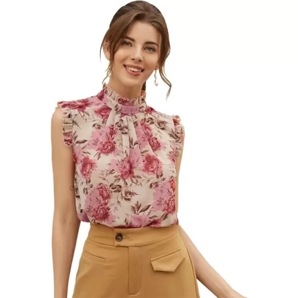 Floerns Women's Floral Print Ruffle Trim Sleeveless Mock Neck Blouse Tops