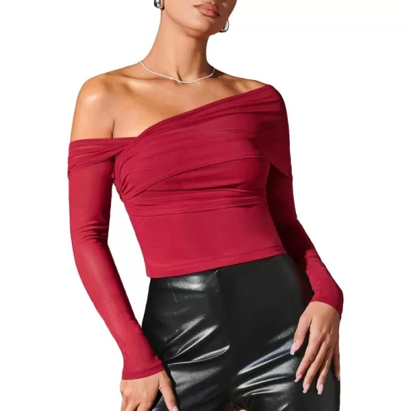 Floerns Women's Off Shoulder Asymmetrical Neck Ruched Mesh Long Sleeve Crop Top Tee