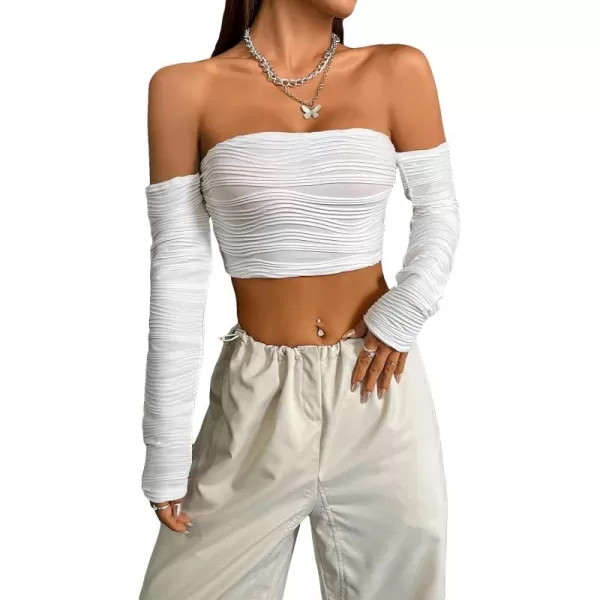 Floerns Women's Off Shoulder Textured Solid Ruched Long Sleeve Crop Top
