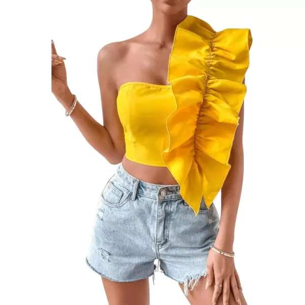 Floerns Women's One Shoulder Ruffle Trim Sleeveless Shirred Cocktail Party Crop Top