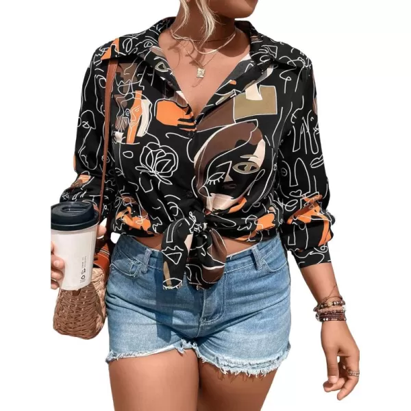 Floerns Women's Plus Size Graphic Print Collar Neck Button Front Long Sleeve Blouse Shirt