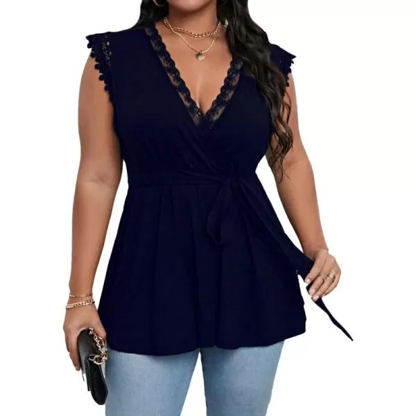 Floerns Women's Plus Size Lace Trim V Neck Sleeveless Belt Peplum Blouse Top